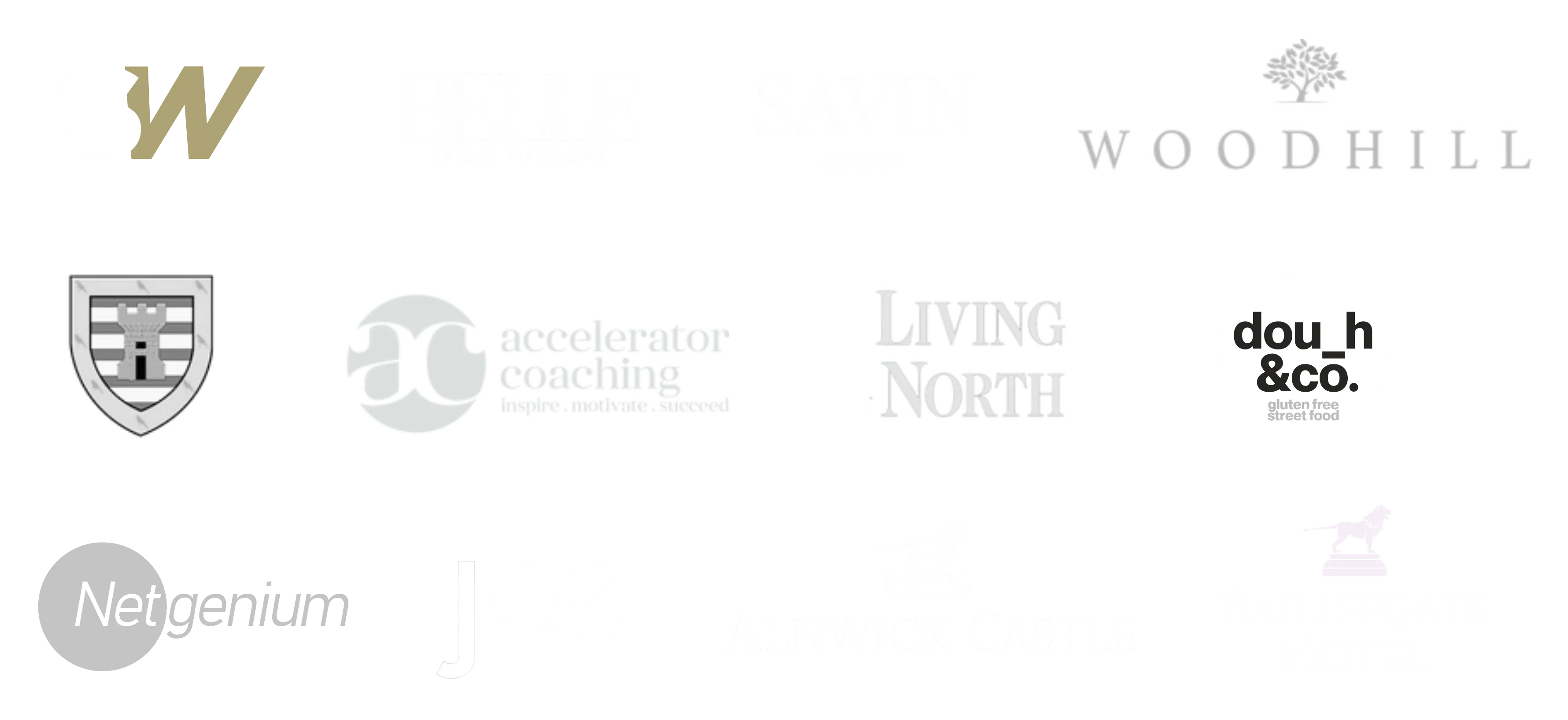 Brands Rose Atelier has worked with — including SW, Belle Bridal Magazine, Savin London, Woodhill, Morpeth Cricket Club, Accelerator Coaching, Living North, dou_h & co., Netgenium, JCE, Alnwick Castle and Bailiffgate Hotel